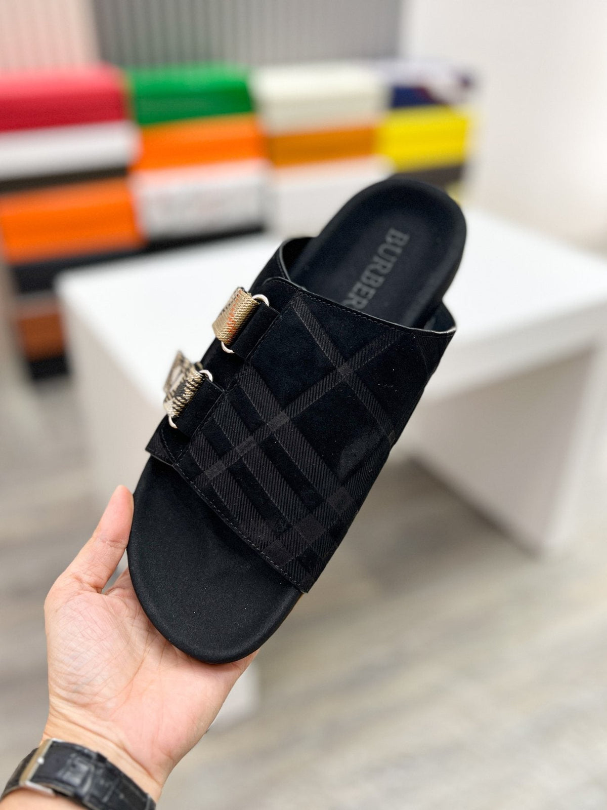 Burberry Men's Check Buckle Slide Sandals